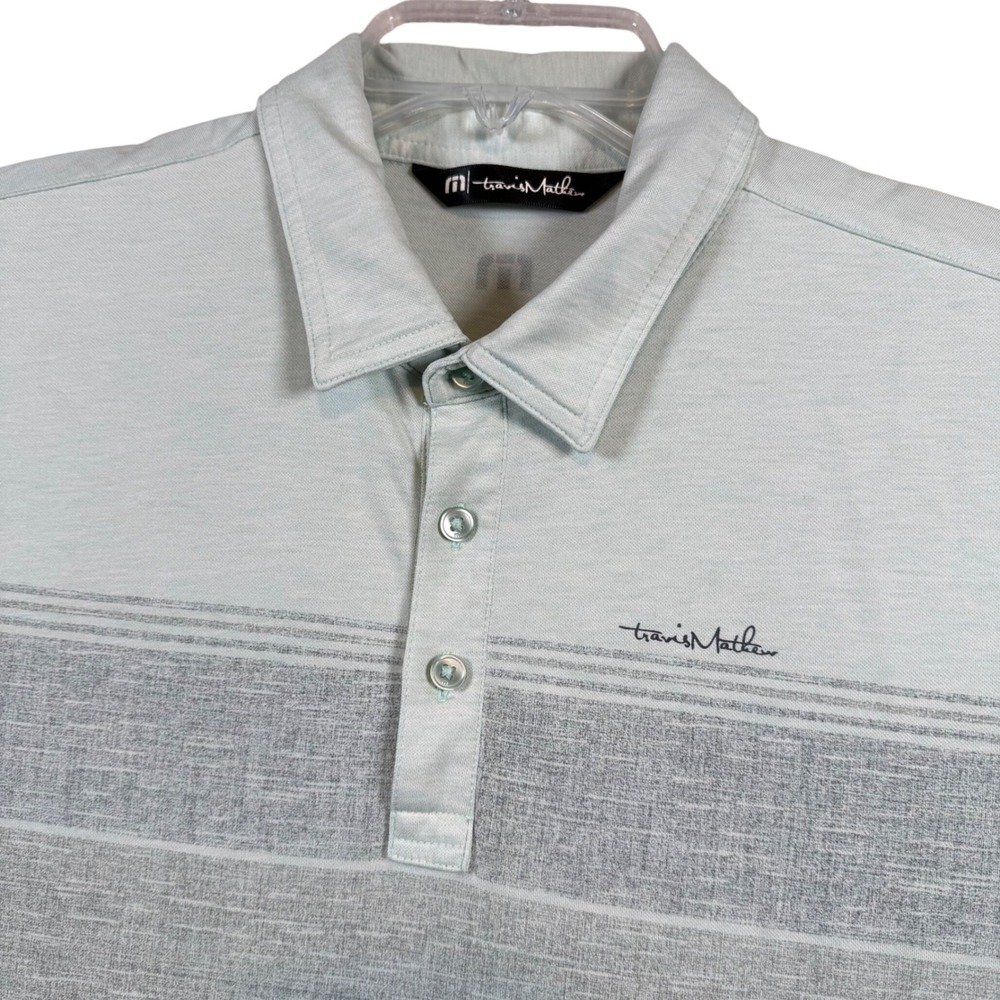 TravisMathew Polo Shirt Men Medium Mint Green Striped Short Sleeve Stretch Golf
